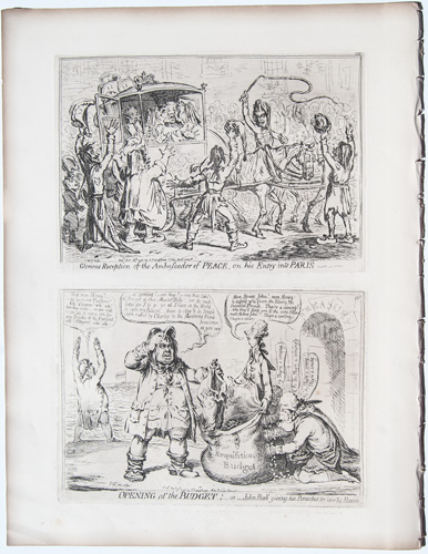 Gillray original print Glorious Reception of the Ambassador of Peace, on his entry into Paris


Opening of the Budget; or, John bull giving his breeches to save his bacon